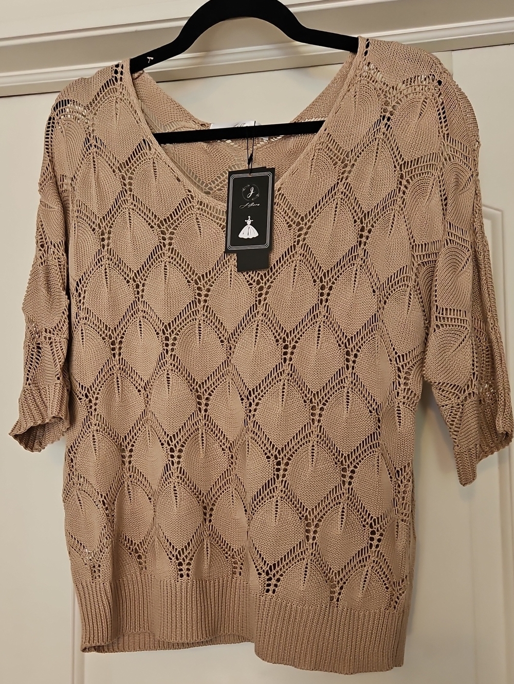 Amazon Women's Beige Open-Knit V-Neck Sweater
